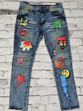 Reason New York Graphic Moto Patch Jeans Slim Fit Denim Mens 30x30